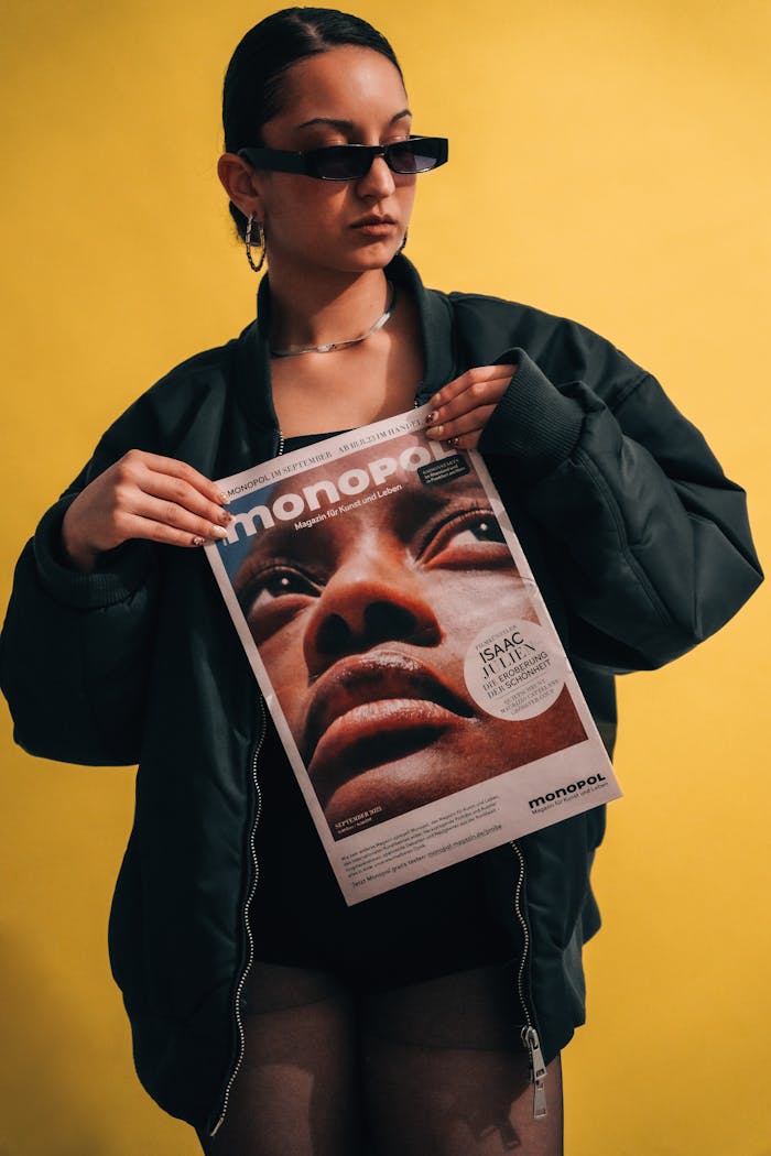 Services Trendy woman holding fashion magazine with bold cover in studio.