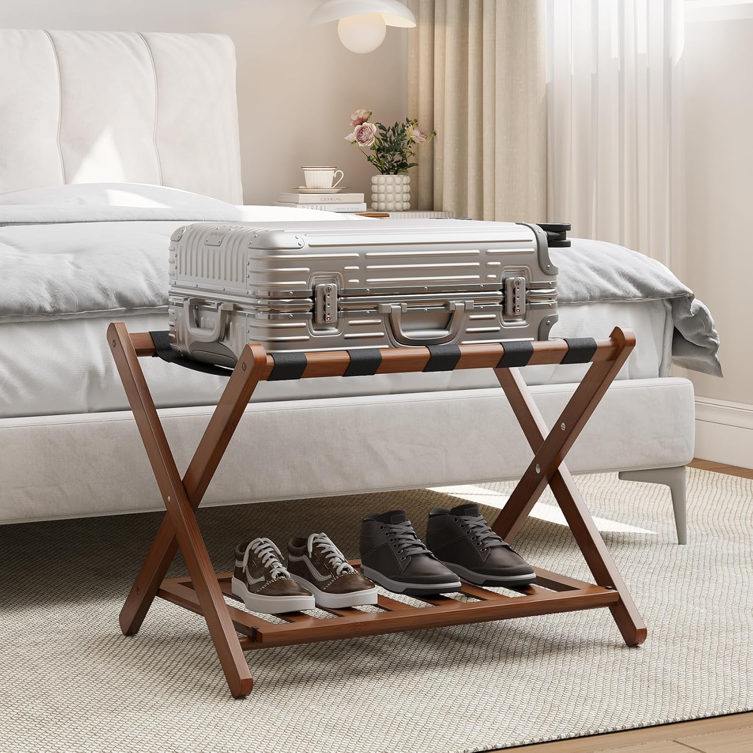 Bamboo Luggage Rack – Folding Suitcase Stand with Shelf