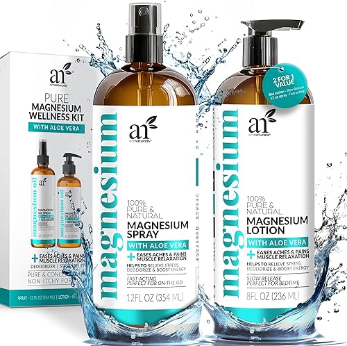 ArtNaturals Magnesium Oil Spray 12 oz + Body Massage Lotion Set 8oz fo