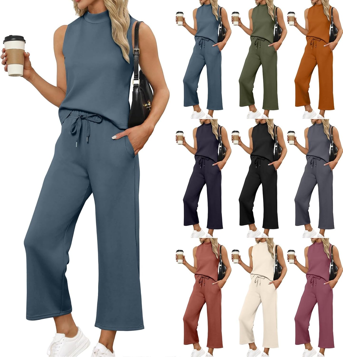The Best Matching Sets for Women on Amazon Right Now Mock Neck Top and Wide Leg Crop Pants Travel Set