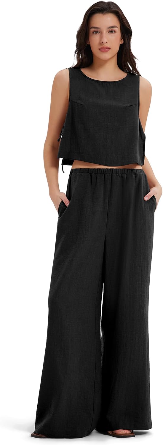 The Best Matching Sets for Women on Amazon Right Now MOOSLOVER Linen Crop Top Wide Leg Pants Set