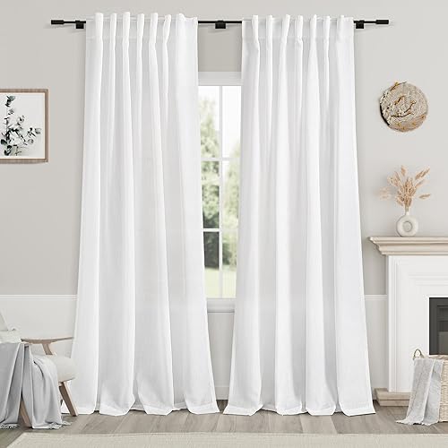 Nanspring White Linen Curtains 84 inches Long for Bedroom Back Tab Lig
