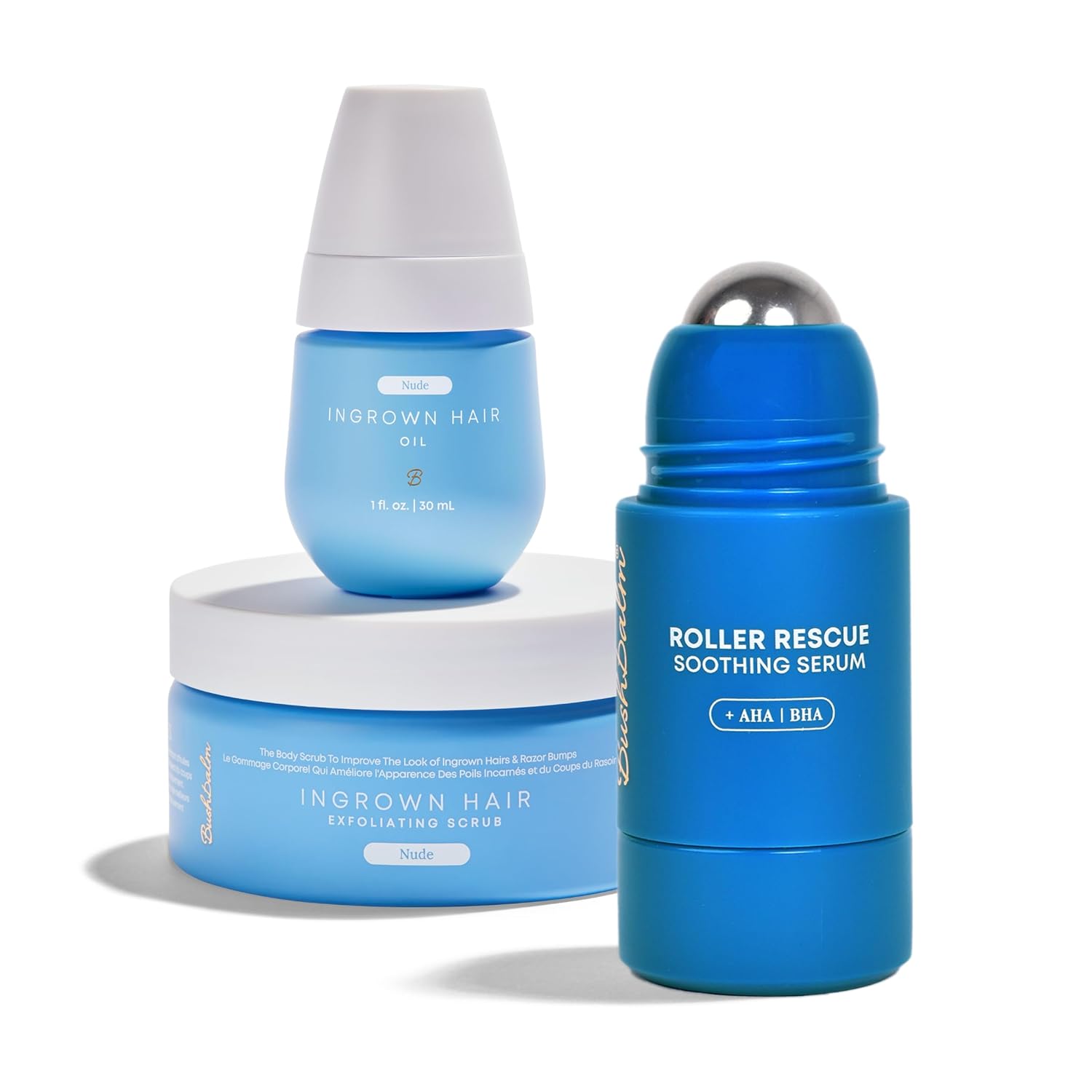 Bushbalm Ingrown Hair Routine - Roller Rescue, Nude Oil and Nude Scrub