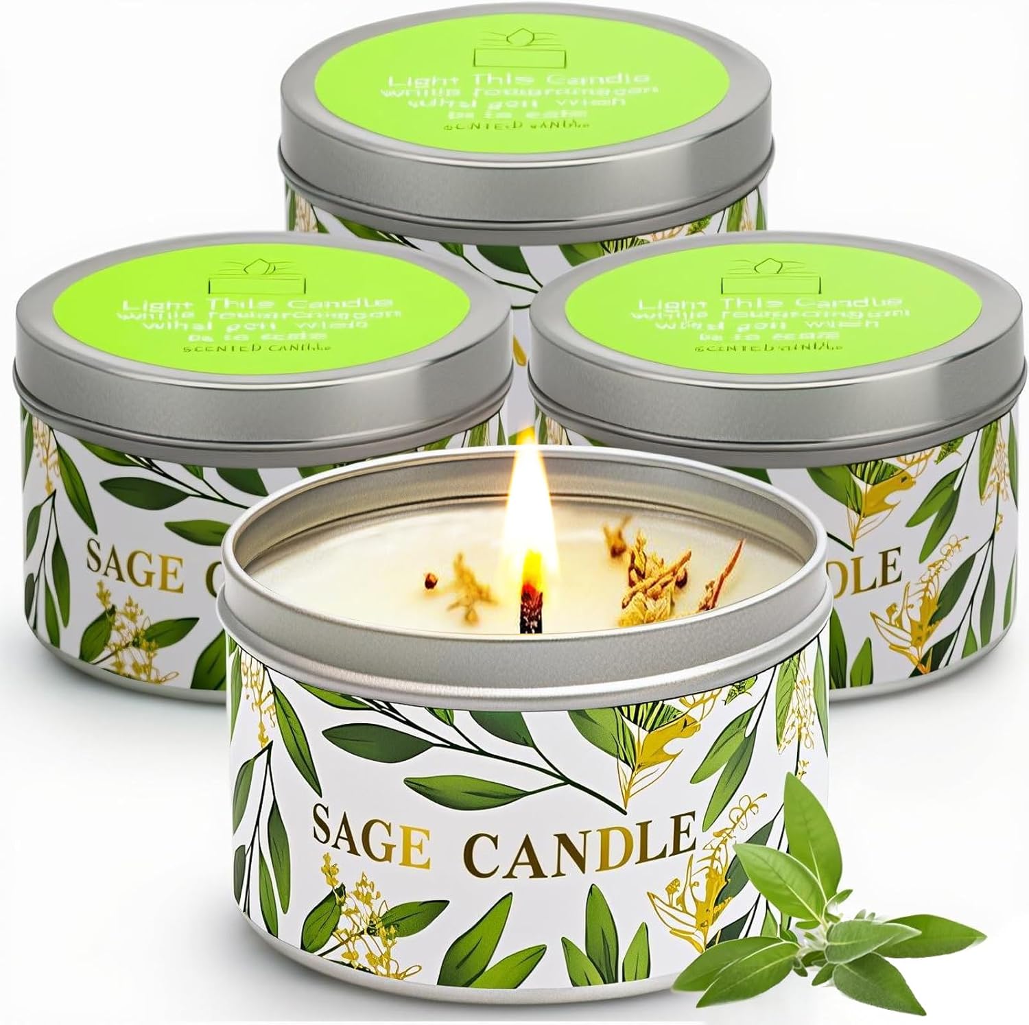 4-Pack Sage Candles with Crystal Healing Stones