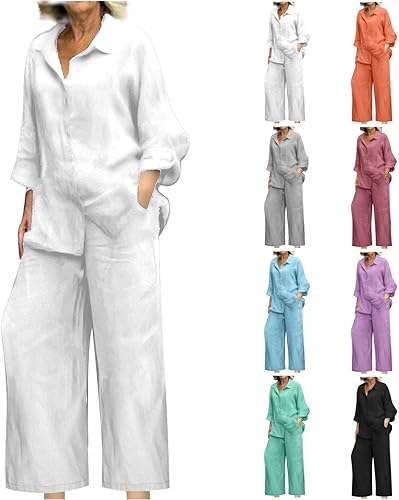 bmkBWO Linen Sets for Women 2 Piece,Button Down Plus Size Summer Shirt