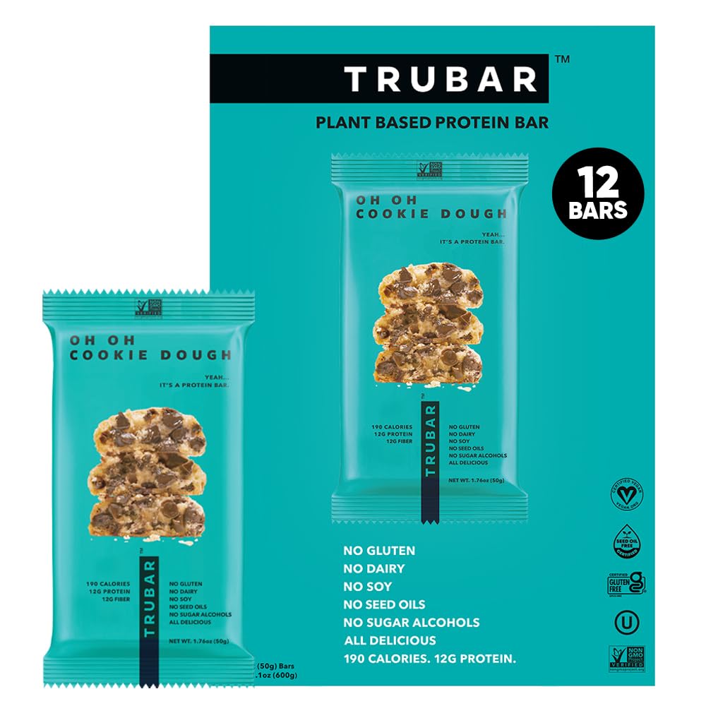 The Best Healthy Snacks to Keep at Your Desk (That Don't Feel Like a Punishment) TRUBAR Vegan Protein Bar Cookie Dough Flavor